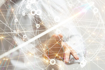 abstract lines with dots over dark background.