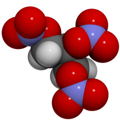 Nitroglycerin (glyceryl trinitrate) explosive molecule. Used in production of dynamite and cordite but also used medically as vasodilator.