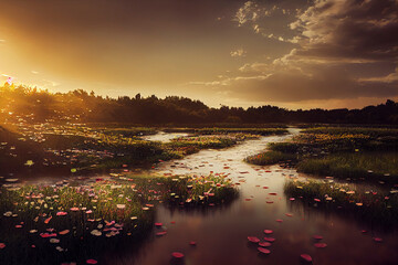 Petals floating down a river, beautiful painting of water and sky