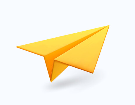 3D Cartoon Paper Plane in Yellow Color Isolated on White Background. Icon of Social Networks.Vector Illustration of 3d Render.