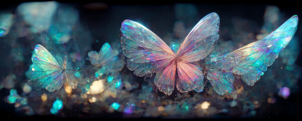 large stunningly beautiful fairy wings Fantasy crystal glass glitter butterfly sits on a light blue stone. The insect casts a shadow on nature.The insect has many geometric angles.3d render - obrazy, fototapety, plakaty