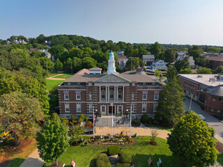 Watertown Town Hall aerial view at 149 Main Street in historic city center of Watertown,...
