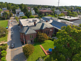 Watertown Free Public Library aerial view at 123 Main Street in historic city center of Watertown, Massachusetts MA, USA. 