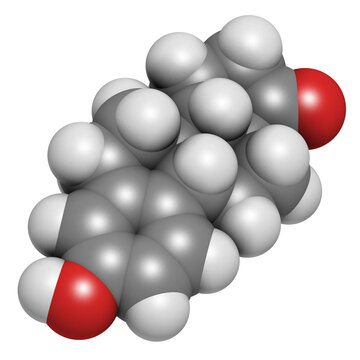 Estrone (oestrone) human estrogen hormone molecule. 3D rendering.