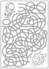 Maze game and coloring book for kids. Labyrinth with cute cartoon cosmonaut and space planet. Children education activity page and worksheet. Outline vector illustration.
