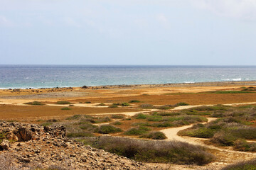 Looking out across the desert in Aruba toward the coastline