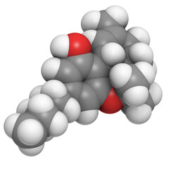 THC (delta-9-tetrahydrocannabinol, dronabinol) cannabis drug molecule. 3D rendering.