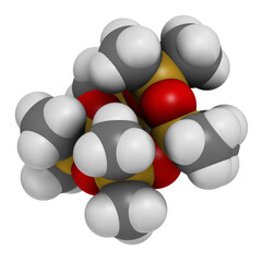 Decamethylcyclopentasiloxane (D5) molecule. Cyclic silicone chemical, frequently used in cosmetics (deodorants, sunblocks, hair and skin care, etc.).