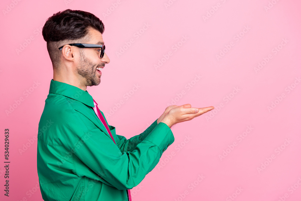 Sticker Side profile photo of young happy guy finally get small salary office manager isolated on pink color background