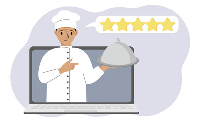 A site with reviews of online grocery shopping through a laptop or ordering fast food delivery. The cook holds a tray with a lid or a plate with a lid.