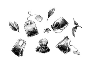 Tea bag illustration. Tea leaves. Tea time. Pencil drawing. Sketch 