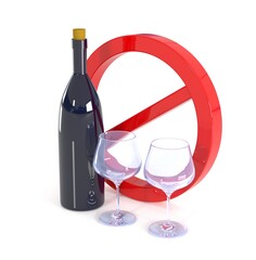 wine bottle and glass, no alcohol sign