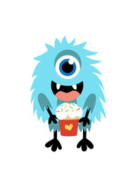 Monster. Blue monocular monster with cupcake. Flat, cartoon, vector
