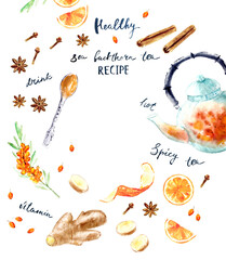 Hand drawn watercolor hot drink recipe illustration with tea pot