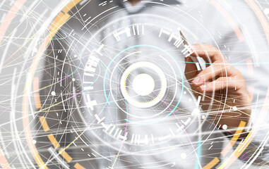 abstract lines with dots over dark background.