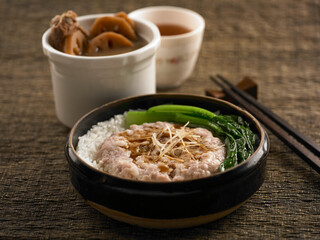 Earthen Bowl Steamed Rice w Hand chopped minced pork Set Meal served isolated on table side view