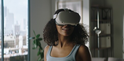 Portrait of excited African American female using her VR virtual reality metaverse headset at home