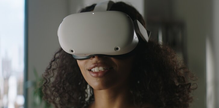 Portrait of excited African American female using her VR virtual reality metaverse headset at home