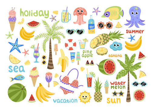 Big summer set with cute beach elements, fruits, ice cream, cocktail. Flat, cartoon, vector