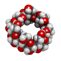 Beta-cyclodextrin molecule. Used in pharmaceuticals, food, deodorizing products, etc. Composed of glucose molecules.
