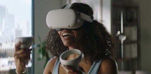 Portrait of excited African American female using her VR virtual reality metaverse headset at home