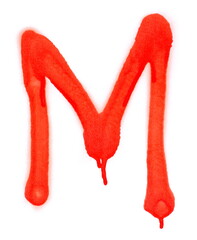 Roman number m, red spray stain, droplets texture isolated on white 