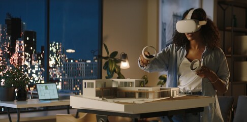 Portrait of African American female architect or student using a virtual reality VR headset to work...