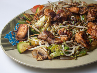 grilled chicken with rice, noodles and soy