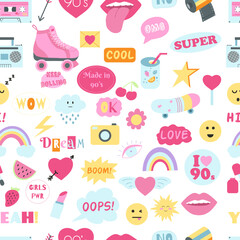 Seamless pattern with 90s girly stickers. Vector illustration of hand drawn classic 80s 90s fashion element, pop girly sticker, emblem, pin, badge, patch. Nostalgia for 1990