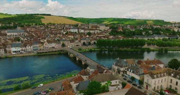 Aerial view of the French city of Joigny. Joigny is a commune in the Yonne department in Bourgogne-Franche-Comte in north-central France