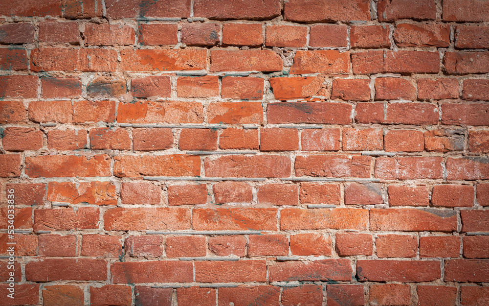 Poster old red brick wall grunge texture. old cracked bricks wall with a weathered surface with with vignet