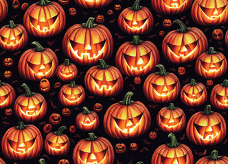 A seamless pattern of Jack O Lantern, carved pumpkins with funny grins, for Halloween. Repeatable vector for cards, invitations. 