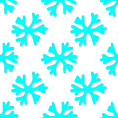 Vector seamless pattern of simple turquoise snowflakes. a doodle-style snowflake pattern of bright blue color is uniformly often placed on a white background for a winter design template