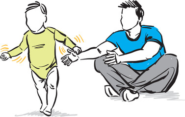 little boy baby learning to walk father teaching walking first steps vector illustration