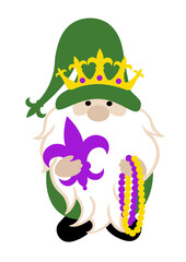 Mardi Gras gnome svg.  Fleur-de-lis flower, beads, Gold crown clip art. New Orleans carnival decor. Gnome hat.