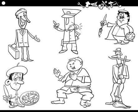 cartoon people characters and occupations set coloring page