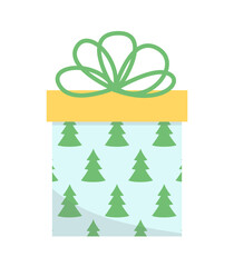 Christmas gift with fir trees. Christmas present with big bow. Flat, cartoon, vector