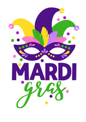 Mardi Gras sign svg. Carnival Face mask, Jester Hat, feathers clipart. Fat Tuesday decor - obrazy, fototapety, plakaty