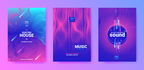 Abstract Dance Poster. Electronic Sound Flyer. Techno Music Cover. Vector 3d Background. Dance Posters Set. Geometric Fest Illustration. Gradient Wave Round. Futuristic Dance Posters. - 534036270