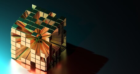 Cubo mágico, Impresionante diseño en 3D de un cubo abstracto dorado, color, nadie, horizontal, imagen en color © Antonio Viñuela