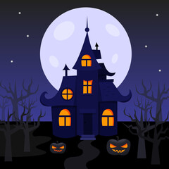 Halloween castle concept. illustration blue background concept,festival halloween,full moon on dark night with castle for celebration halloween day.