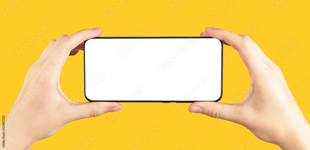 Poster holding mobile phone mock up horizontally on orange background. smartphone mockup in horizontal orie