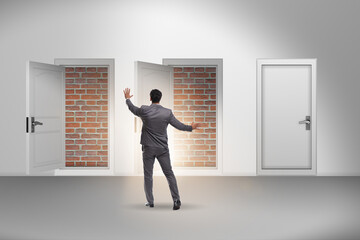 Businessman facing no exit with brick door