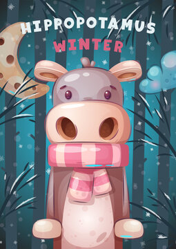 Cartoon character adorable animal winter hippo