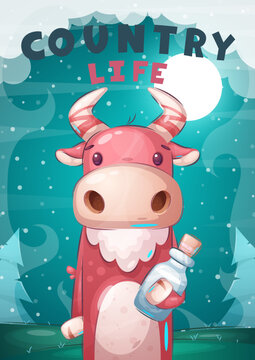 Cartoon character adorable animal cow with milk bottle