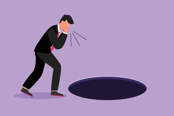 Cartoon flat style drawing young businessman scream into pit hole. Man wondering and looking at big hole, business concept in opportunity, exploration or challenge. Graphic design vector illustration