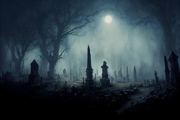 Dark Misty Haunted Abandoned Graveyard Lit by Moonlight Concept Art