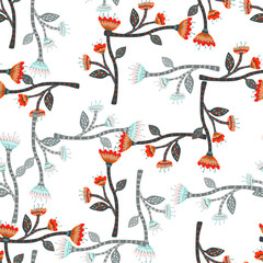 Abstract flower seamless pattern in naive art style. Beautiful floral wallpaper. Cute plants endless backdrop.