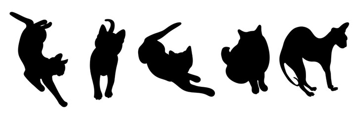 Set of cats silhouettes, black pets vector, different animal poses