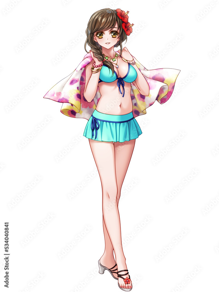 Wall mural full body illustration of an anime character wearing a swimsuit